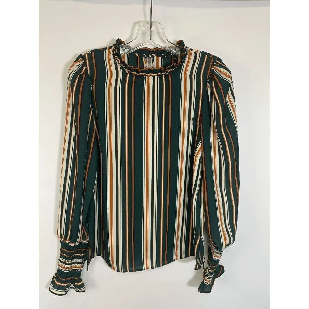 Haute Monde Women's Blouse Puff Long Sleeve Smocked Cuff Pinstripes Green Small